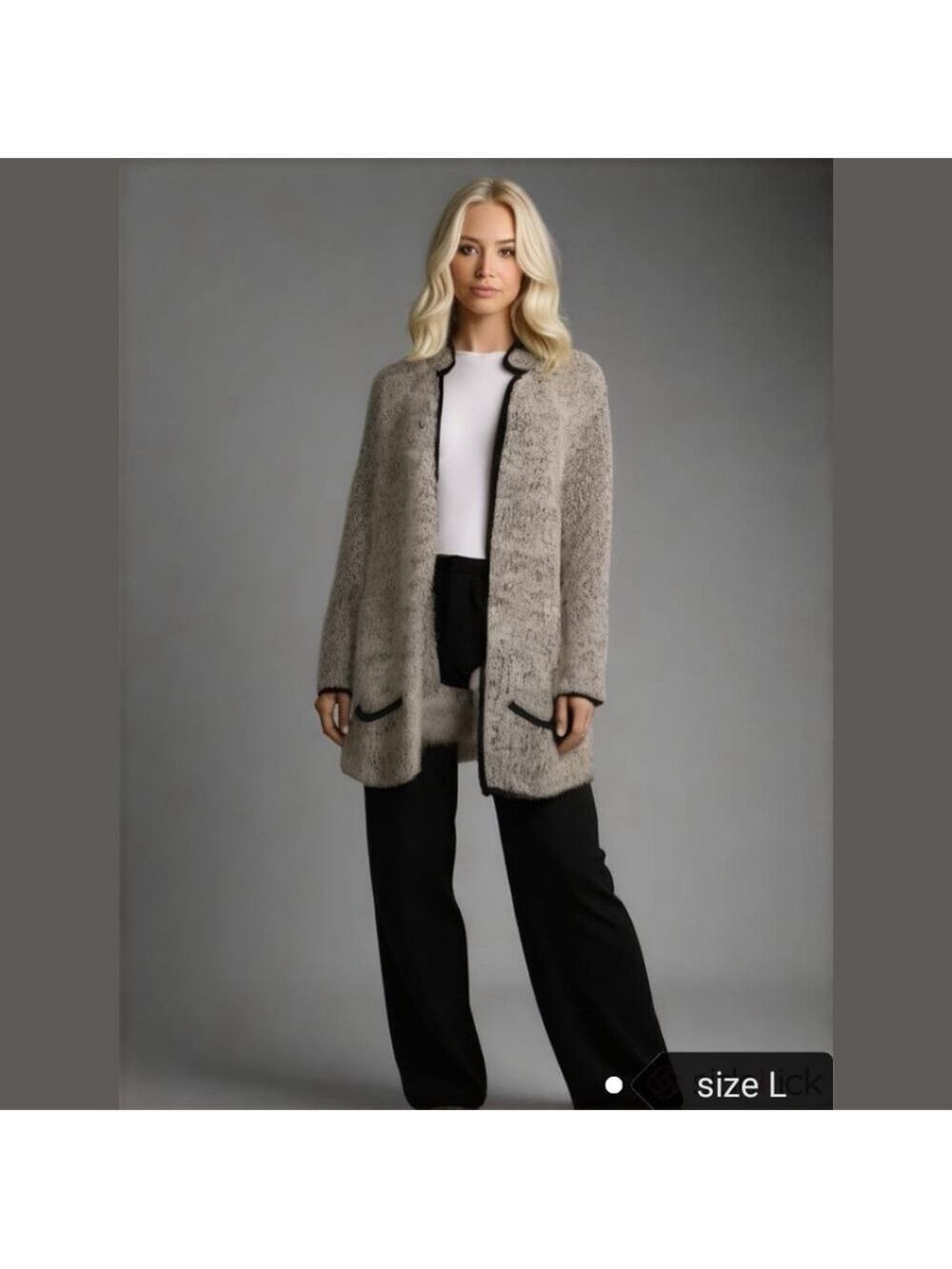 VINTAGE 80s cardigan boucle sweater oversized grey black piping Size L